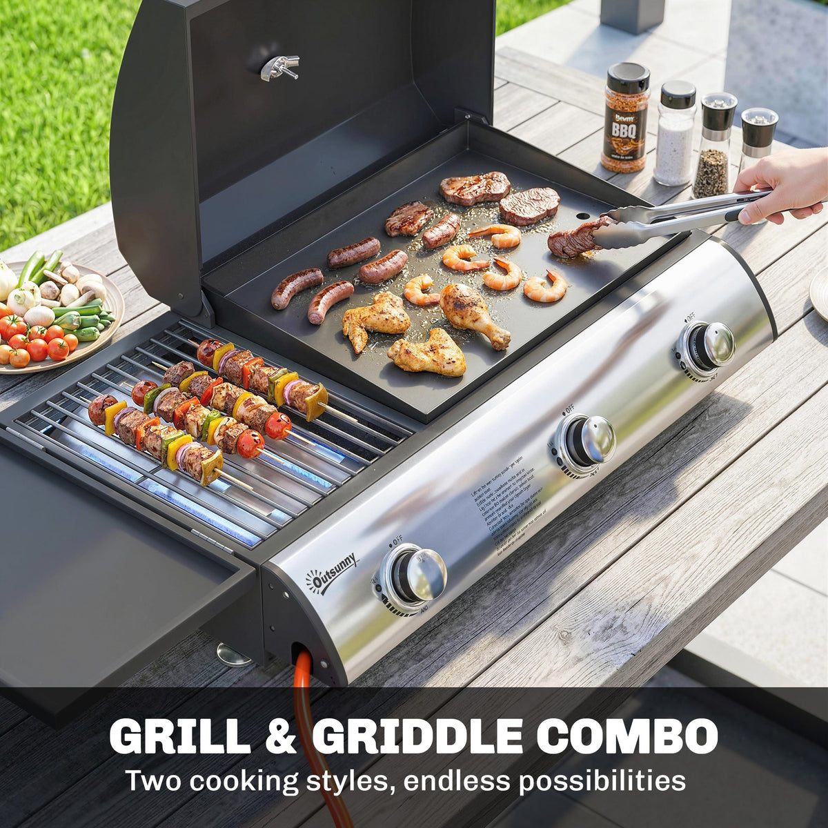 3-Burner Portable Gas Plancha Grill 8.1 kW with Griddle & Side Shelf, Black — product view 6