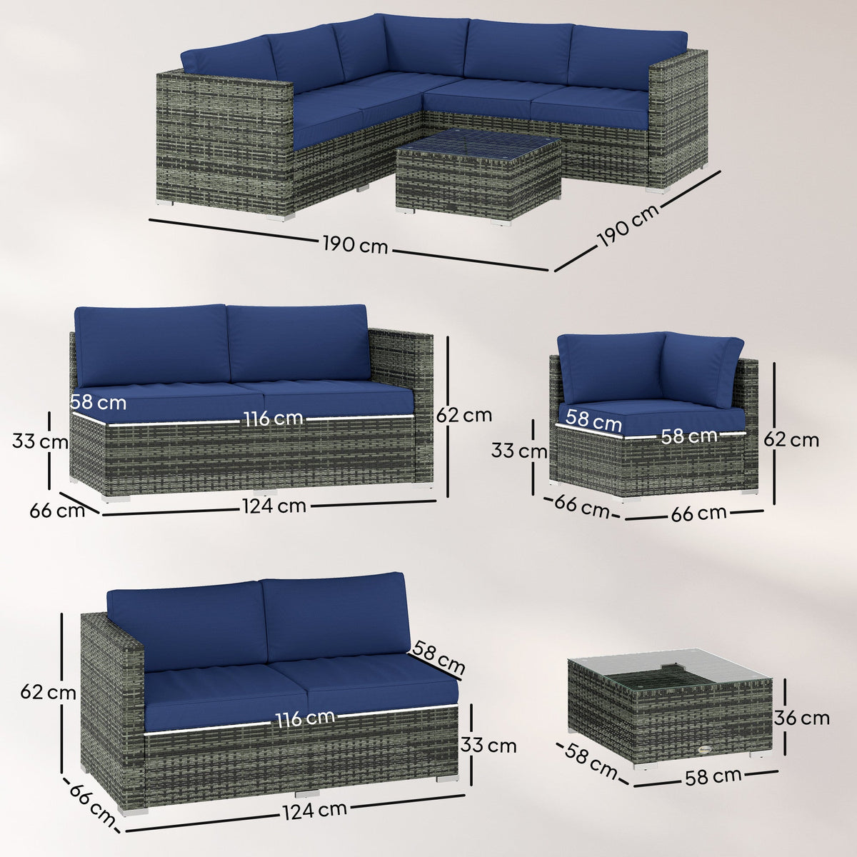 4 Piece Rattan Garden Furniture Set with Corner Sofa, Coffee Table & Cushions, Blue — product view 5