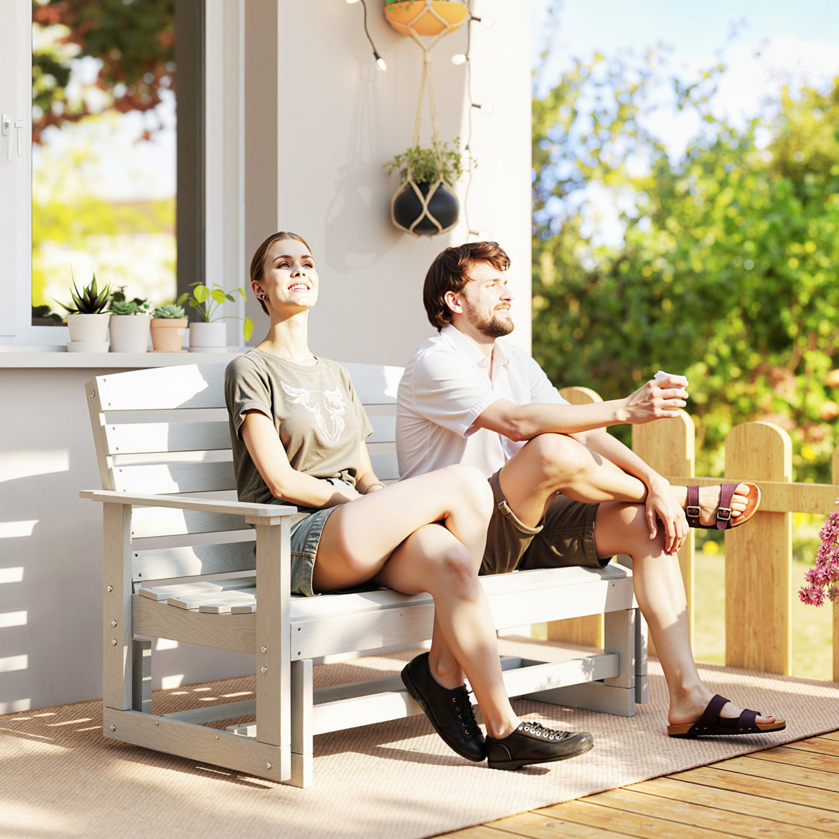 2-Person Outdoor Glider Bench w/ Slatted HDPE Frame for Backyard Garden Porch, Distressed White — product view 3