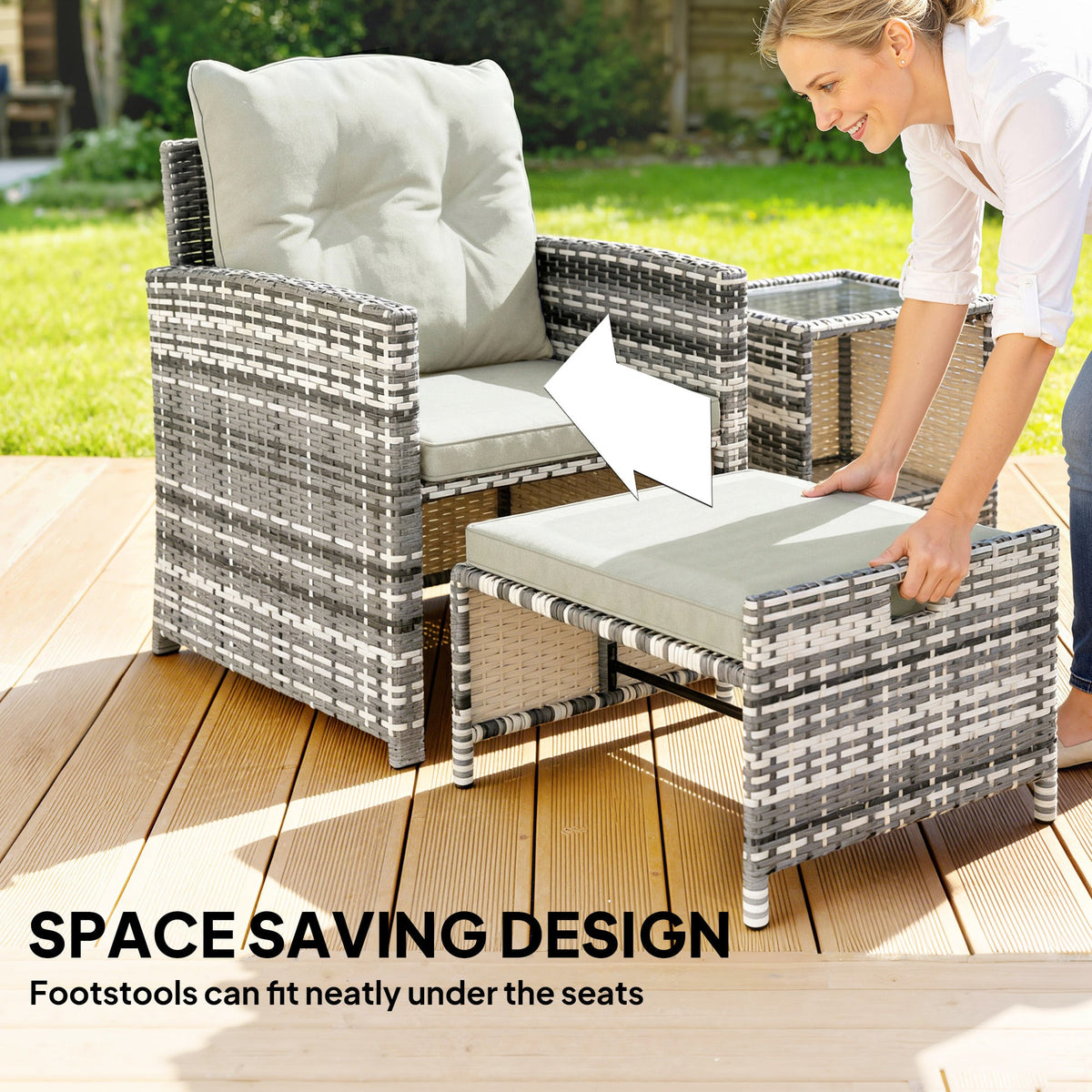 5-Piece Rattan Patio Set with Ottomans and 2-Tier Glass Coffee Table, Grey Cream — product view 6