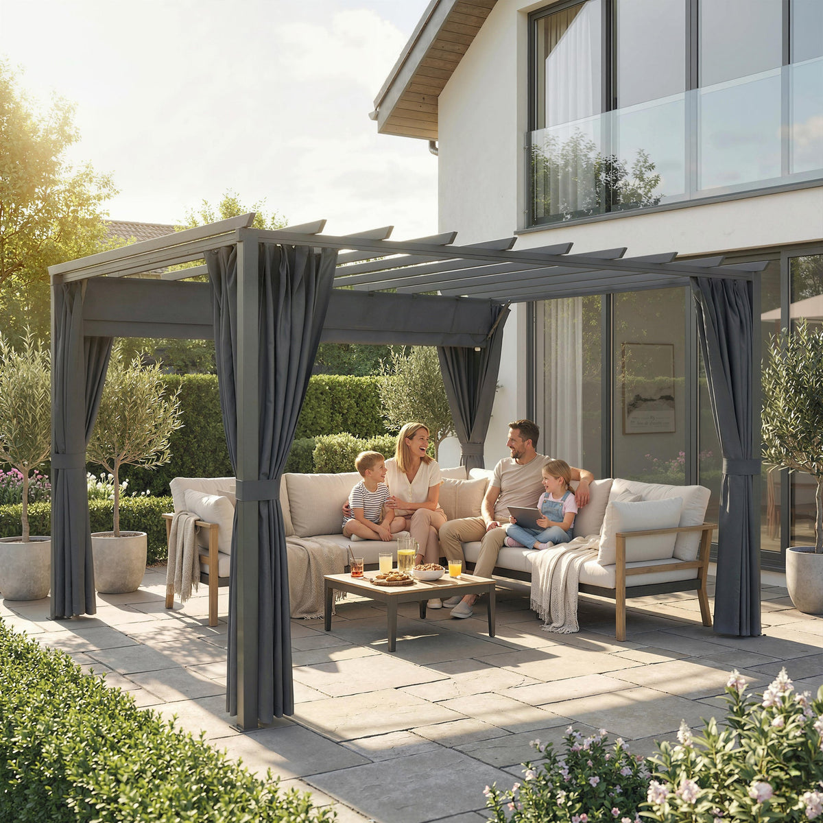 3.6 x 3 m Pergola with Retractable Roof and Curtains, Dark Grey — product view 3