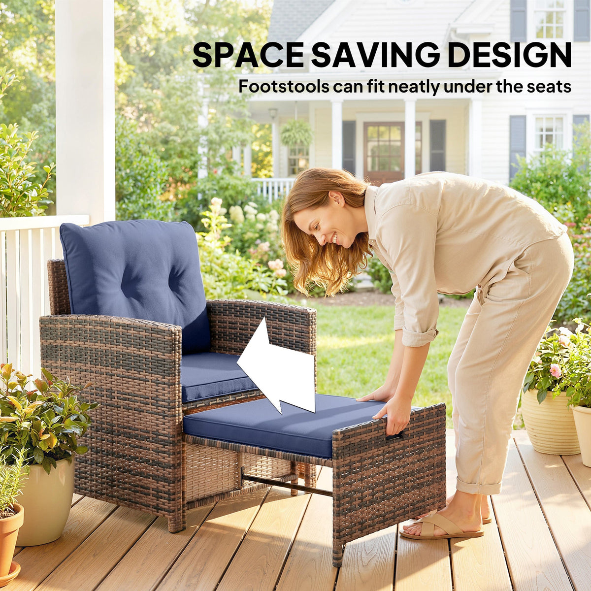 5-Piece Patio Set with Ottomans and 2-Tier Glass Table, Brown and Dark Blue — product view 6