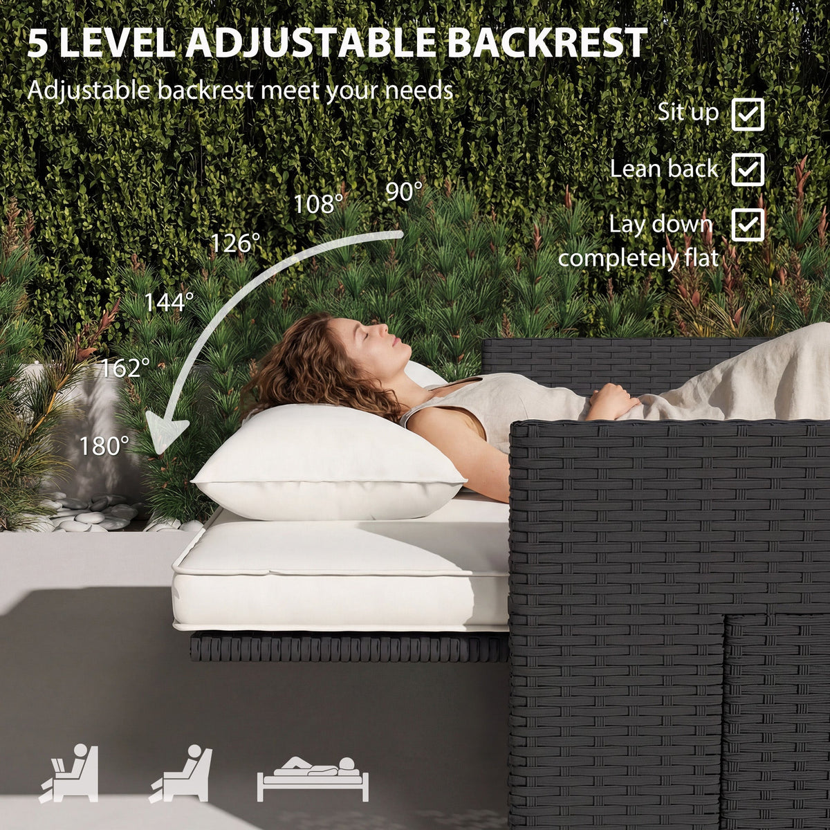 Rattan Garden Daybed with Ottoman, Retractable Trays & Cushions, Cream White — product view 6