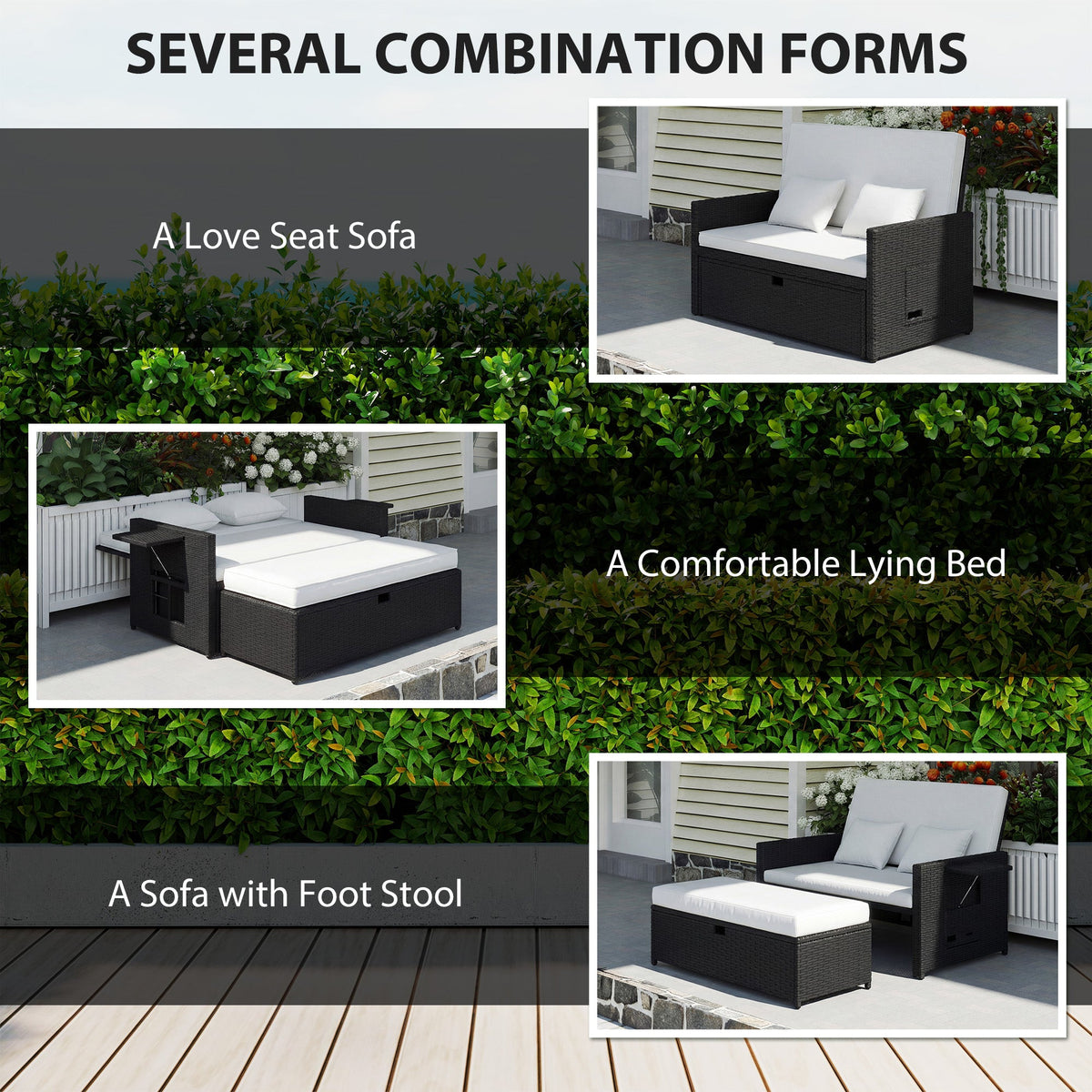 Rattan Garden Daybed with Ottoman, Retractable Trays & Cushions, Cream White — product view 7