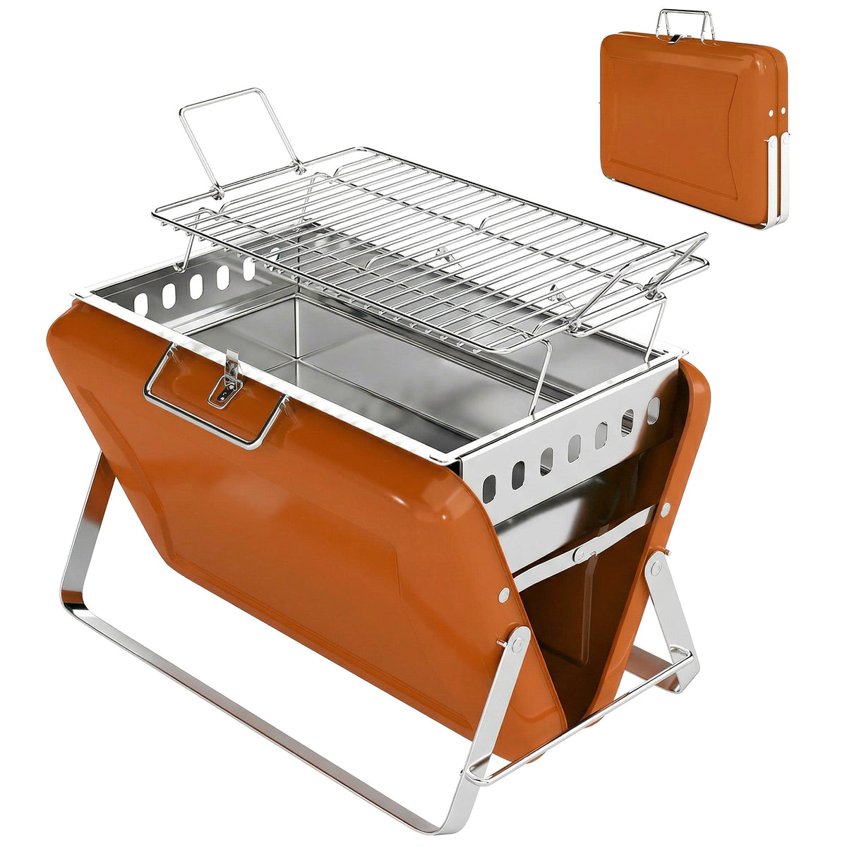 Folding Portable Charcoal BBQ Grill with Handle and Foldable Legs, Orange — product view 2
