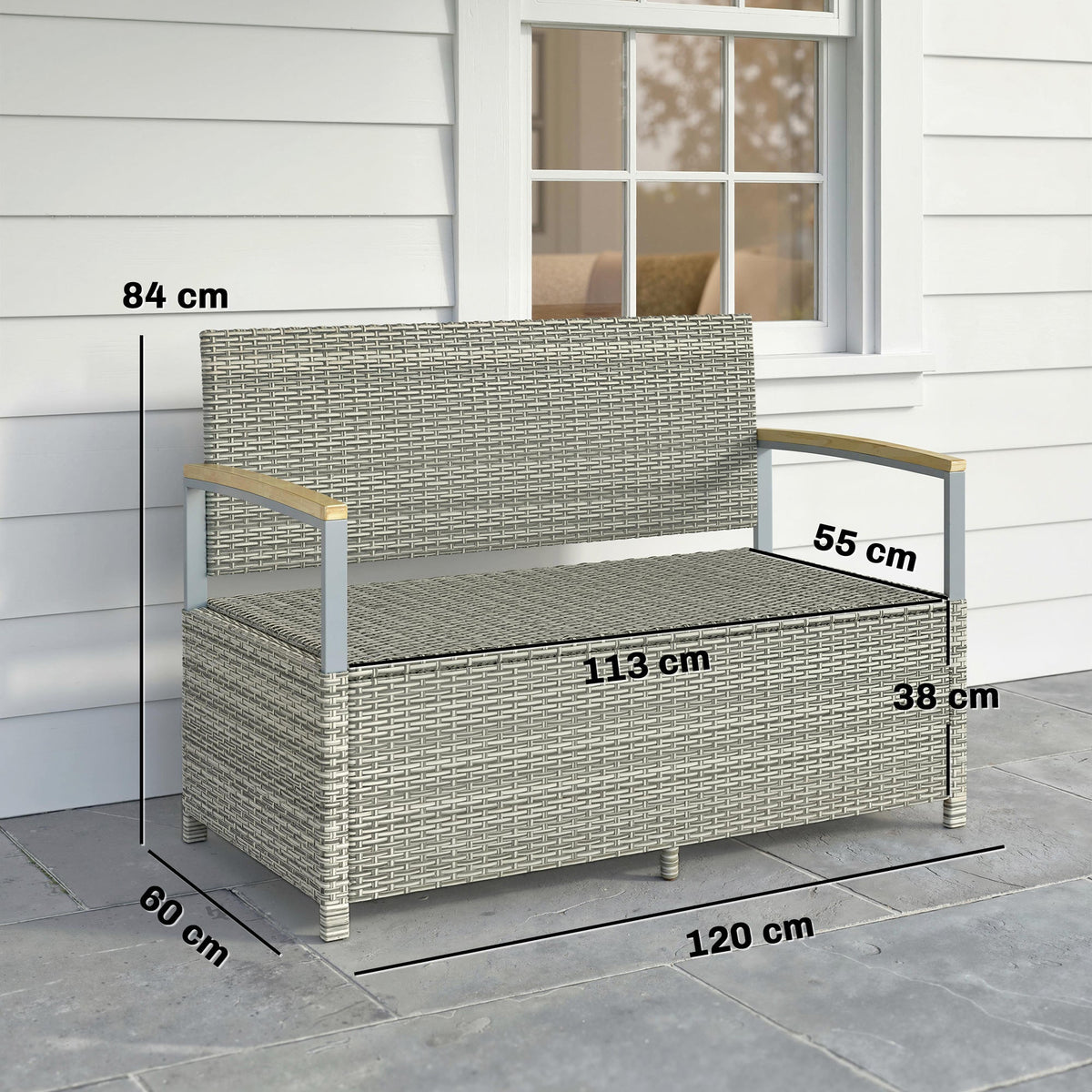 144L 2-Seater Rattan Storage Bench with Acacia Armrests & Gas Strut, Light Grey — product view 5