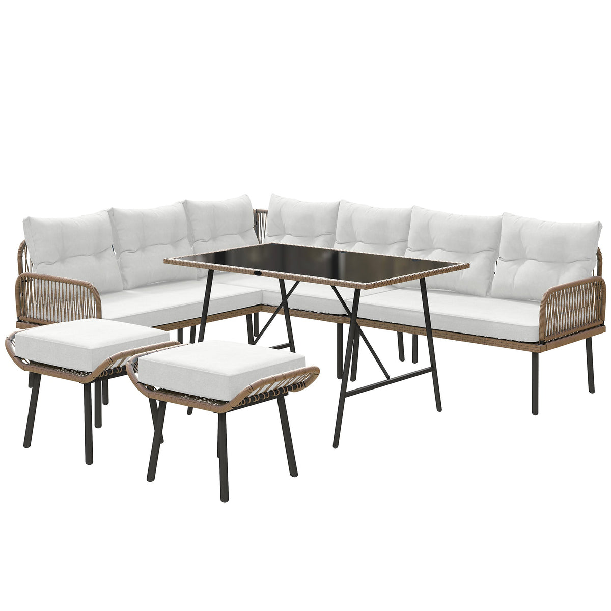 6 Piece Rattan Garden Furniture Set, 8 Seater Corner Sofa with Glass Table, Cream White — product view 1