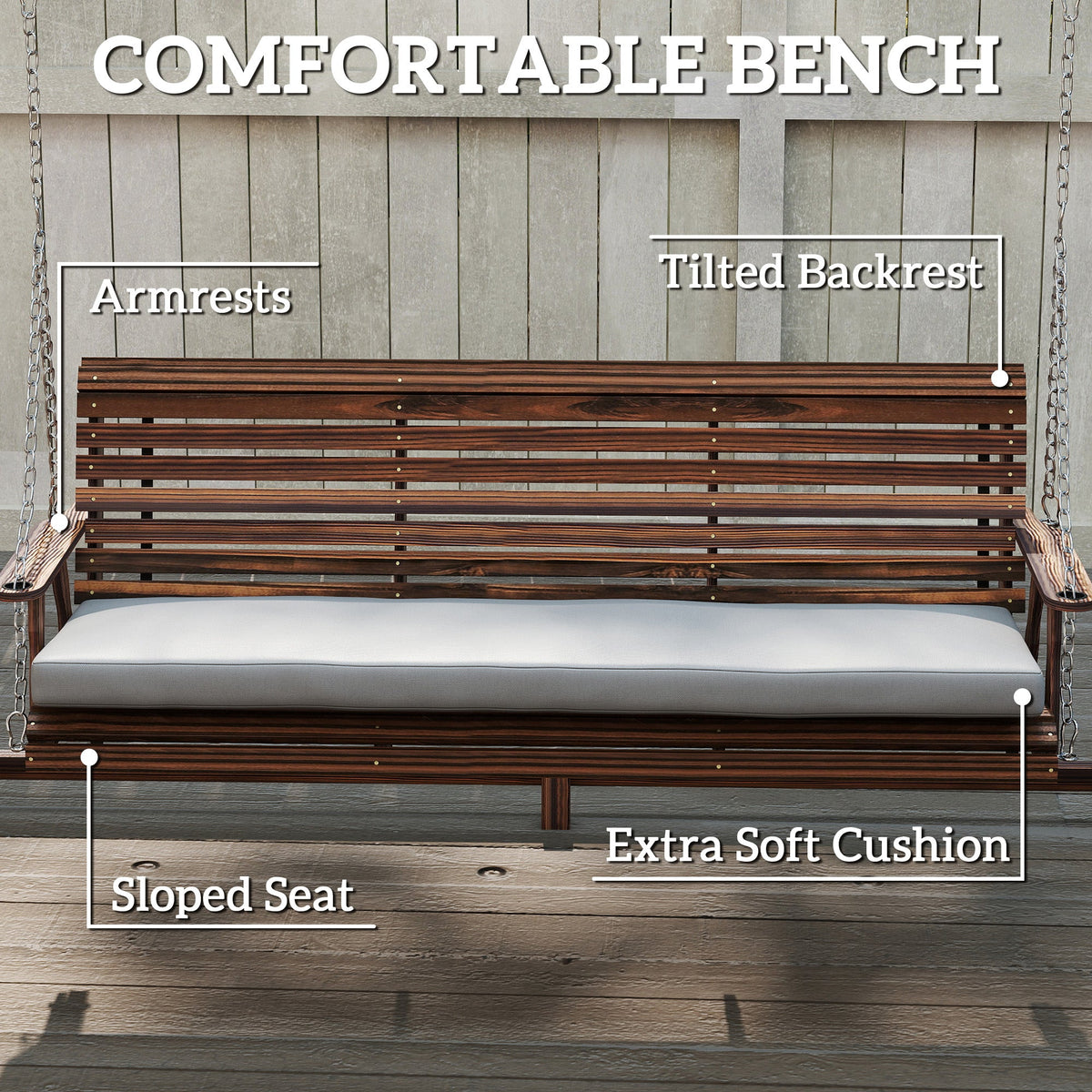 3 Seater Wooden Garden Swing Seat with Cushion and Side Trays, Carbonised Brown — product view 7