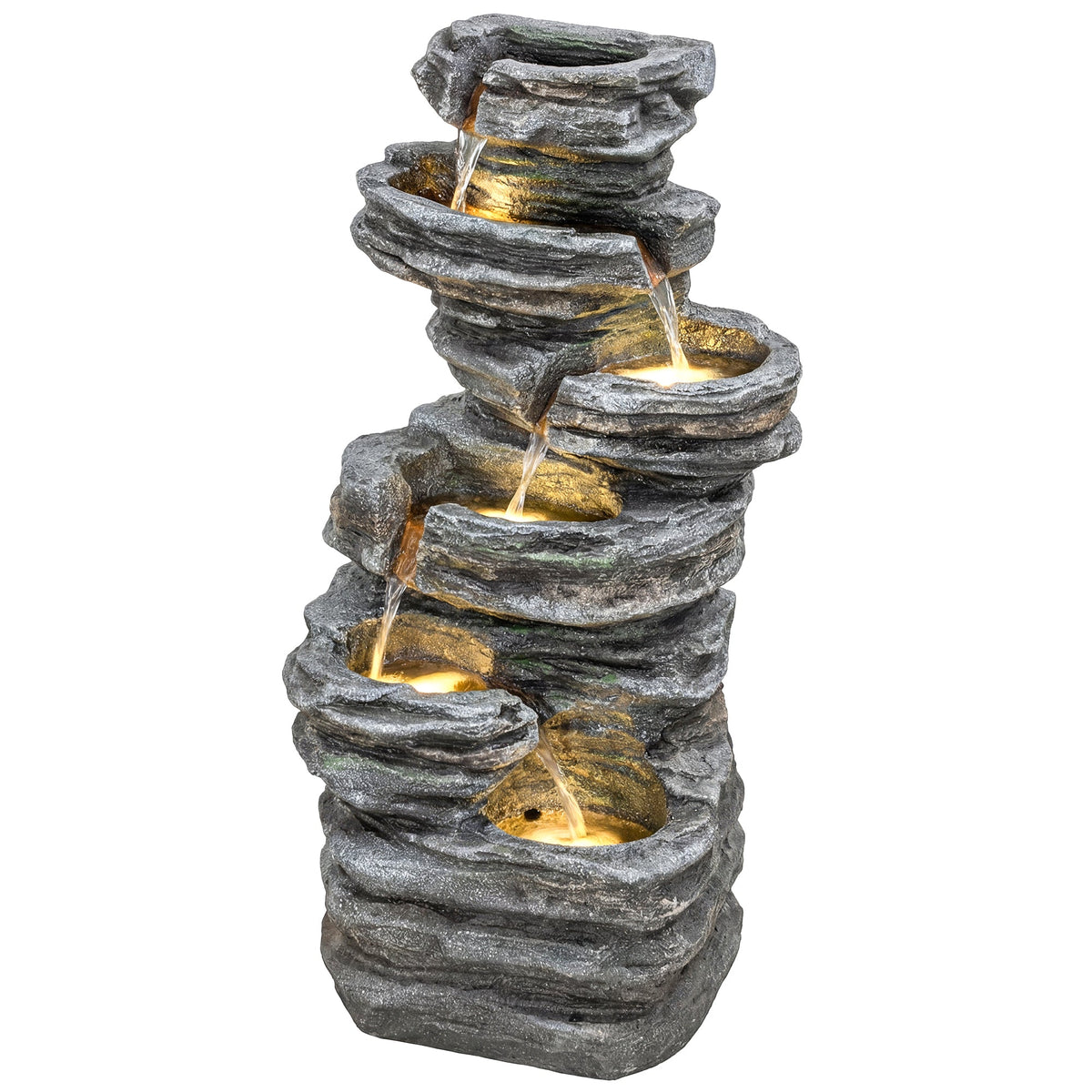 6-Tier Resin Rock Garden Fountain with Cascading Waterfall and LED Lights, Grey — product view 2