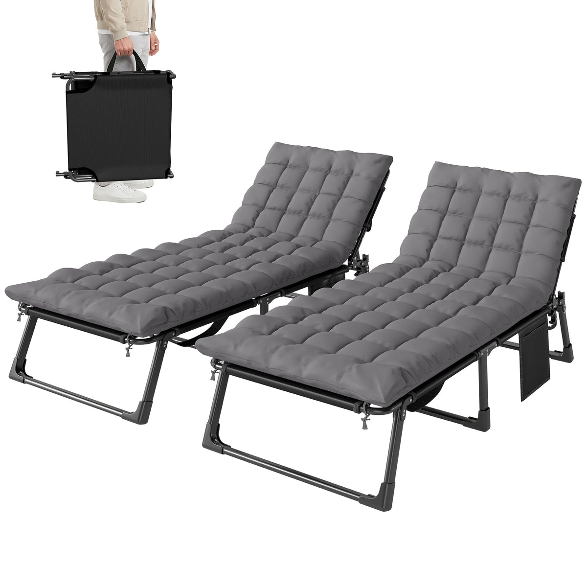 Set of 2 Folding Lounge Chairs, 75 cm Wide with Cushion and Side Pocket, Dark Grey — product view 1
