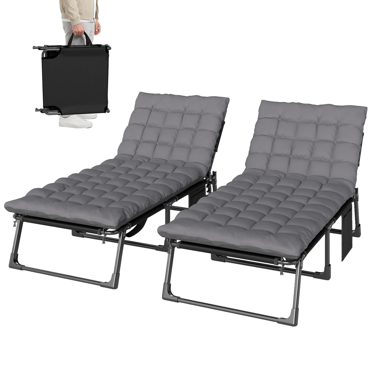 Set of 2 Folding Lounge Chairs, 75 cm Wide with Cushion and Side Pocket, Dark Grey — product view 2