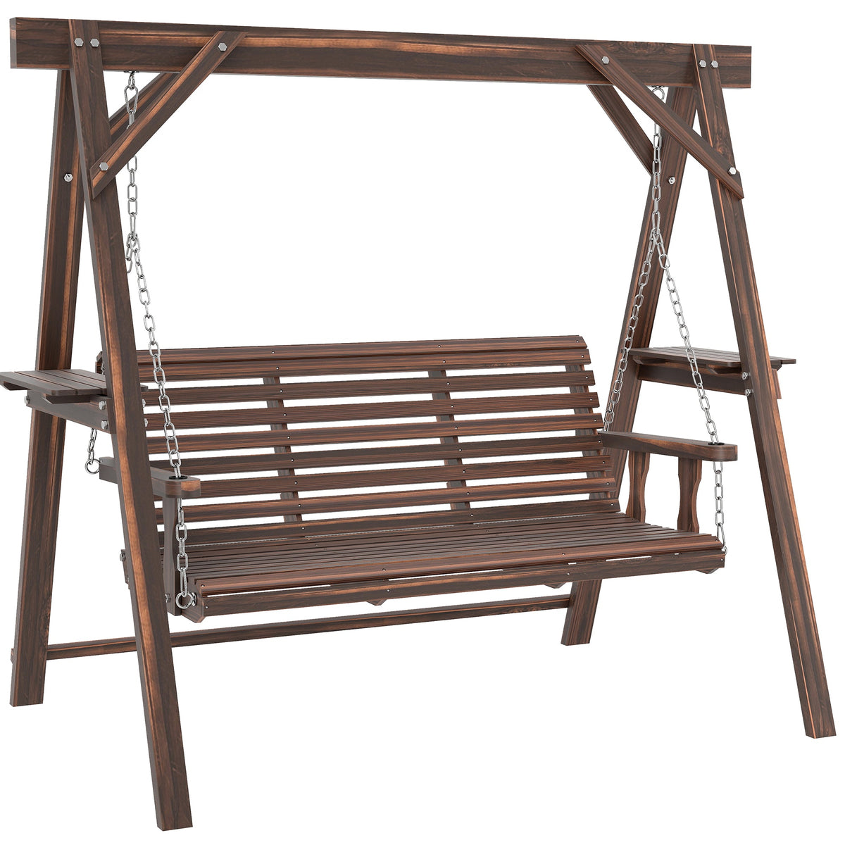 3 Seat Porch Swing with Stand and Side Tables, Carbonized Brown — product view 1