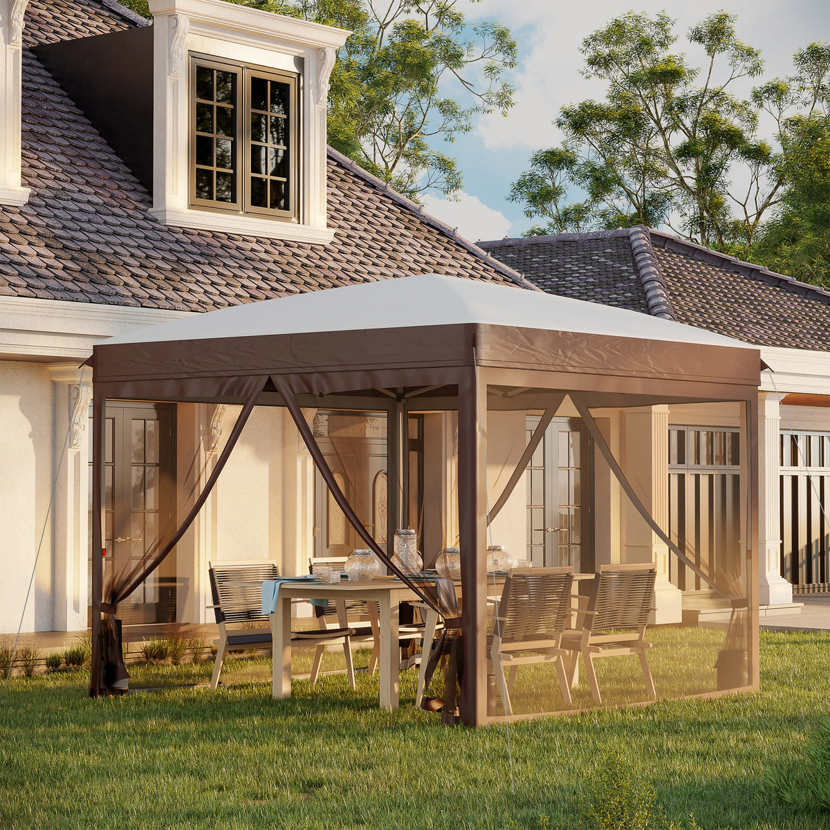 10' x 10' Pop Up Canopy Tent with Netting, Cream — product view 4