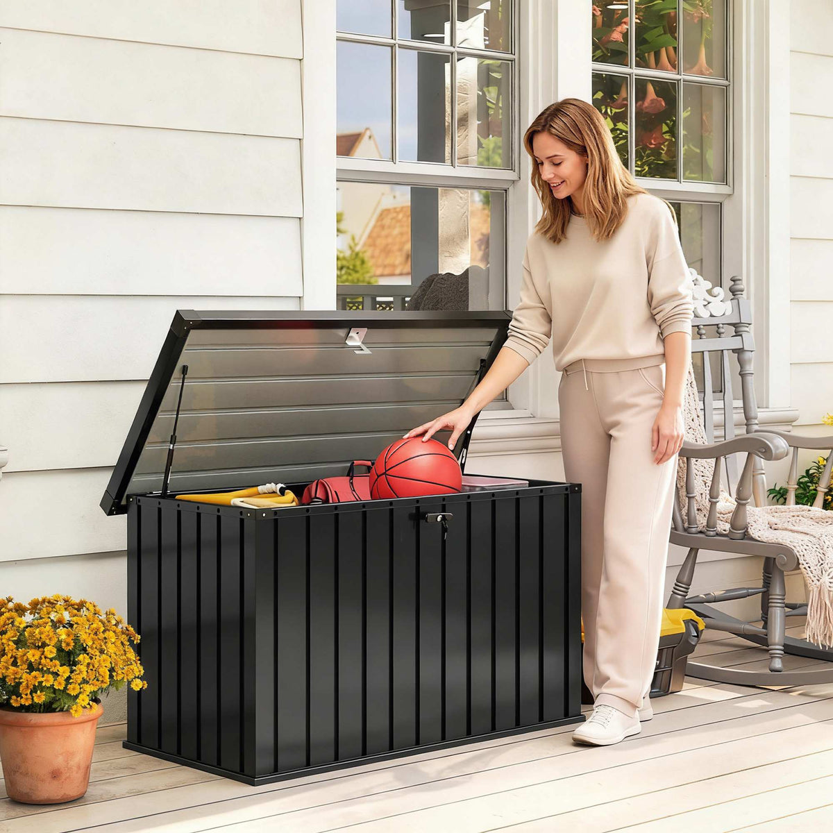 400L Metal Garden Storage Box with Lockable Lid, 124 x 66 x 72 cm, Black — product view 3