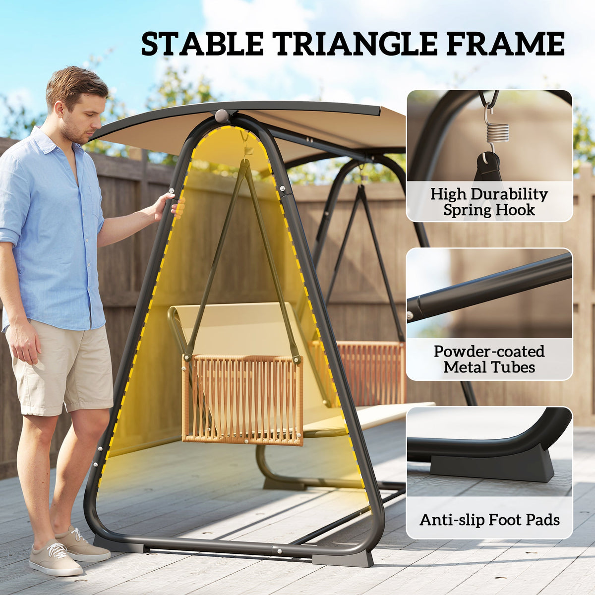 3 Seater Garden Swing Chair with Tilting Canopy and Zipped Cushions, Sand Brown — product view 7