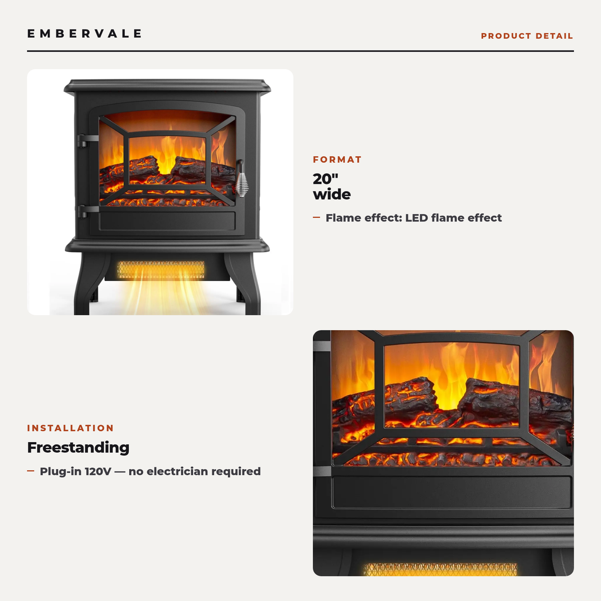 Electric Fireplace Stove, 20" H Freestanding Electric Space Heater with Temperature Adjustable, Realistic Flame Effect — product view 2
