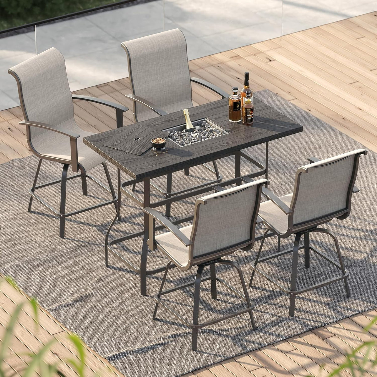 LOUNGE YARD Outdoor Bar Table, Faux Wood Grain Dining Table with Ice Bucket — product view 7