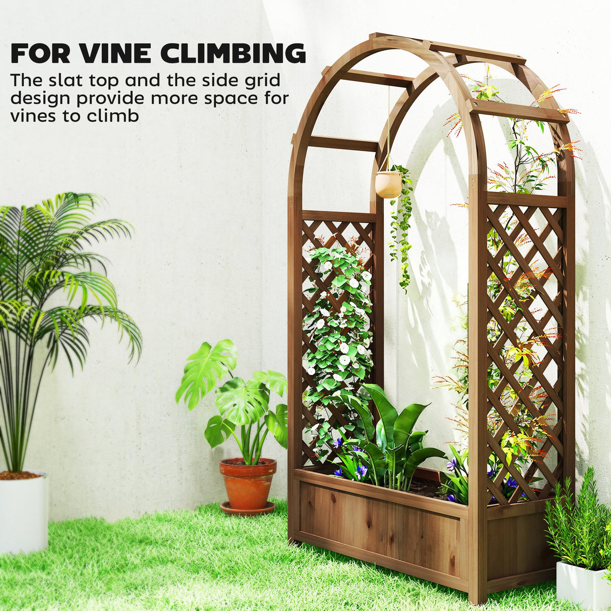 59.8" Raised Garden Bed with Arch Trellis for Climbing Plants, Dark Brown — product view 6