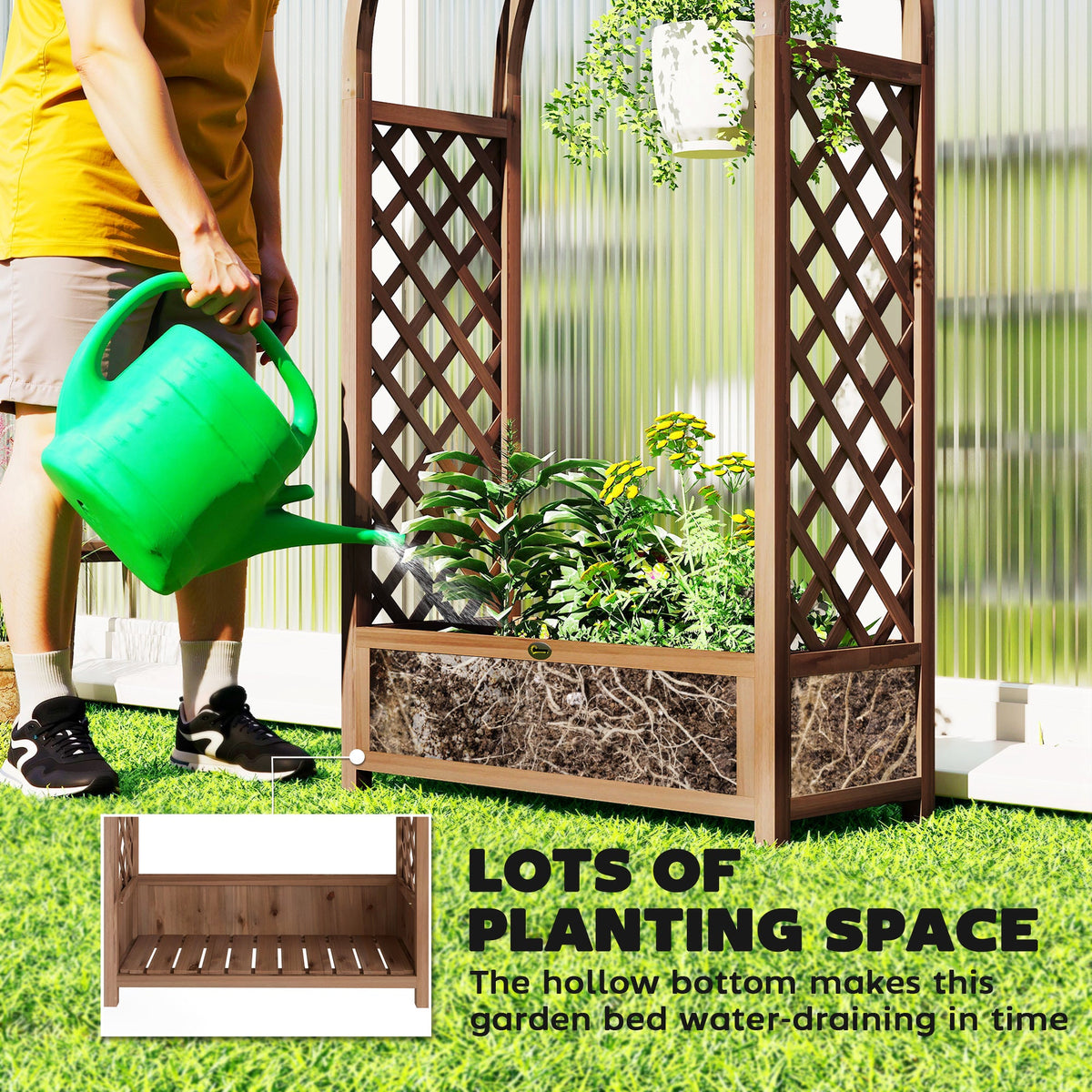 59.8" Raised Garden Bed with Arch Trellis for Climbing Plants, Dark Brown — product view 7