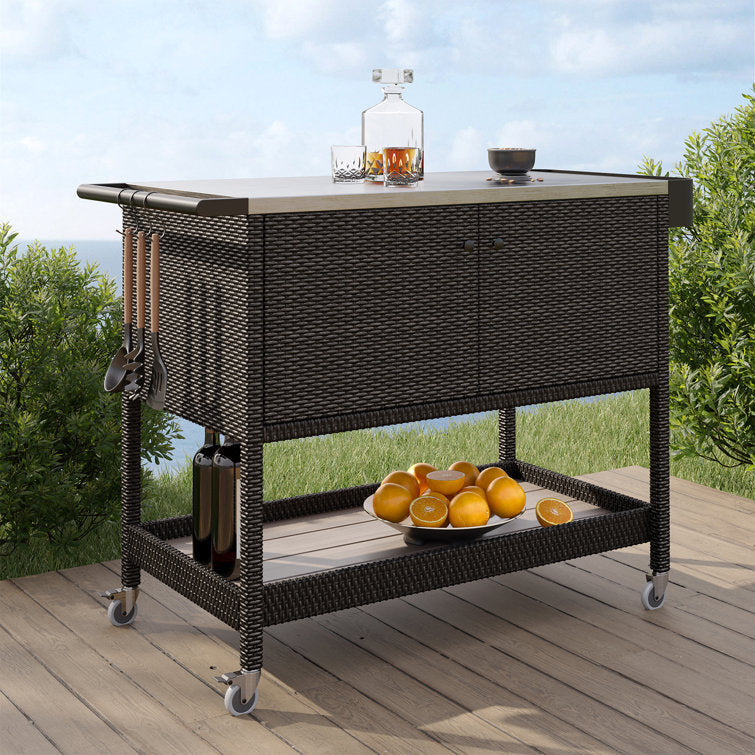 LOUNGE YARD Tietsia Bar Cart, Rolling Wicker Bar Cart w/Storage Cabinet — product view 2