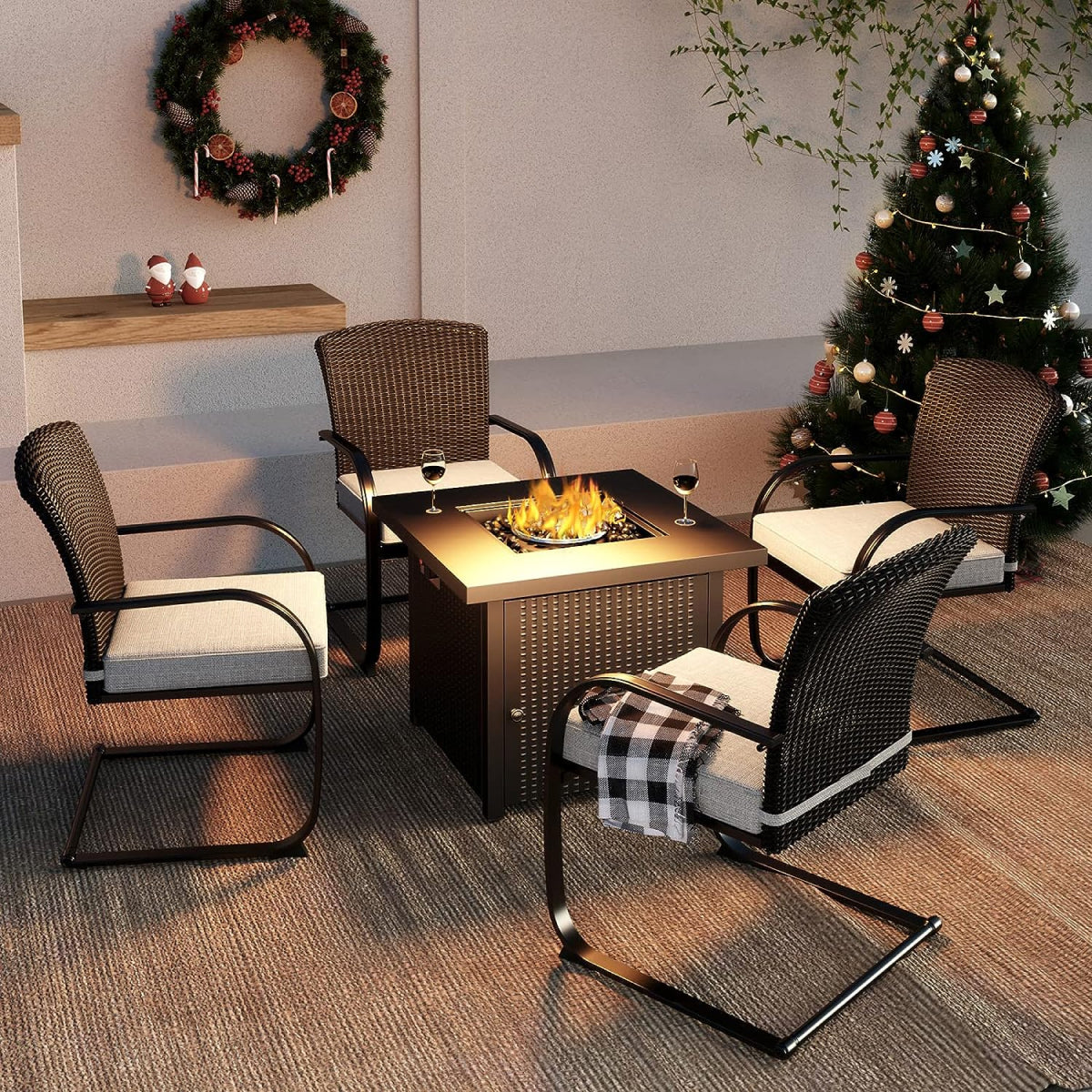 LOUNGE YARD 5-Piece Outdoor Dining Table Set with Fire Pit, 4 Outdoor Spring Dining Chairs — product view 6