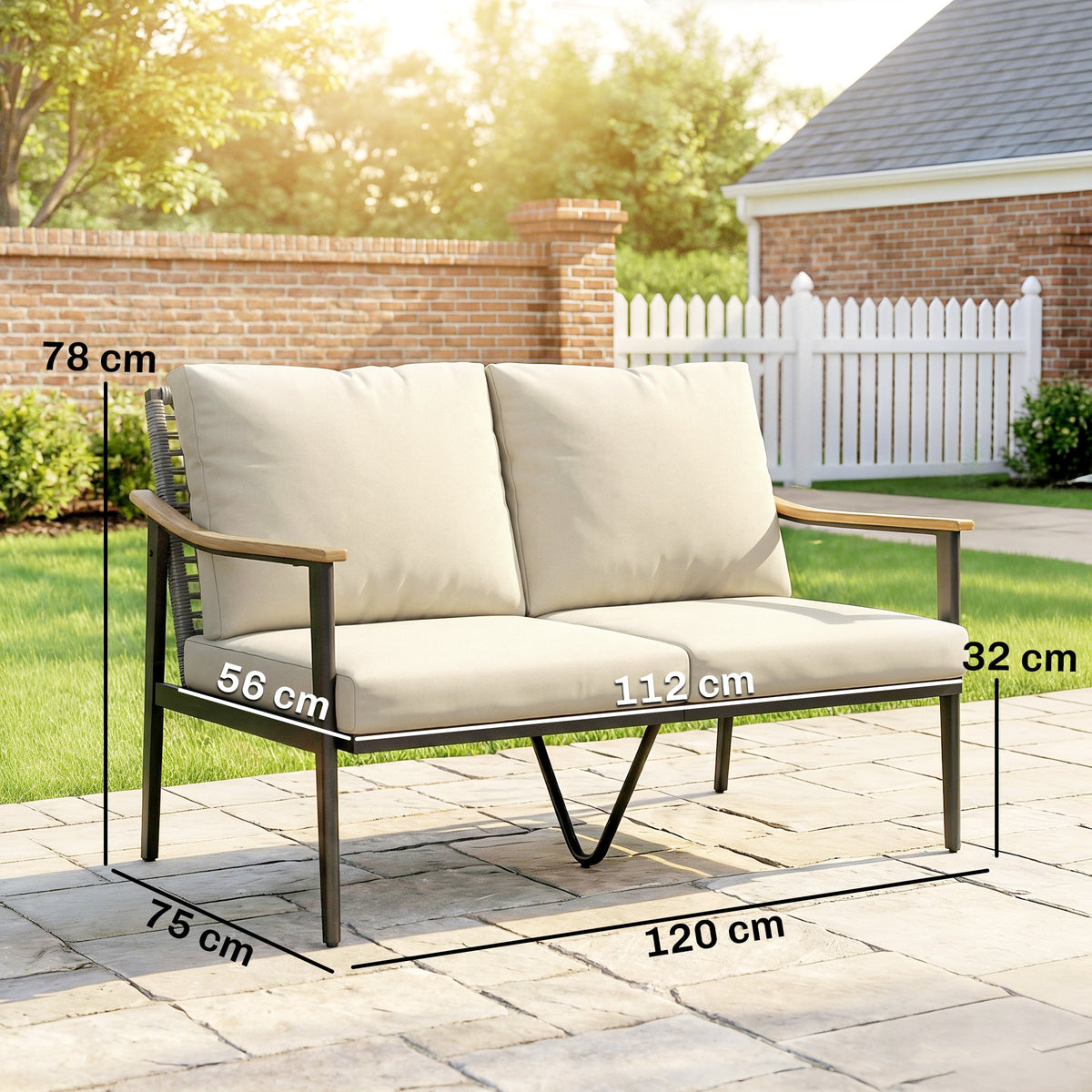 2 Seater Rattan Sofa with Wood-Effect Armrests, Khaki — product view 5