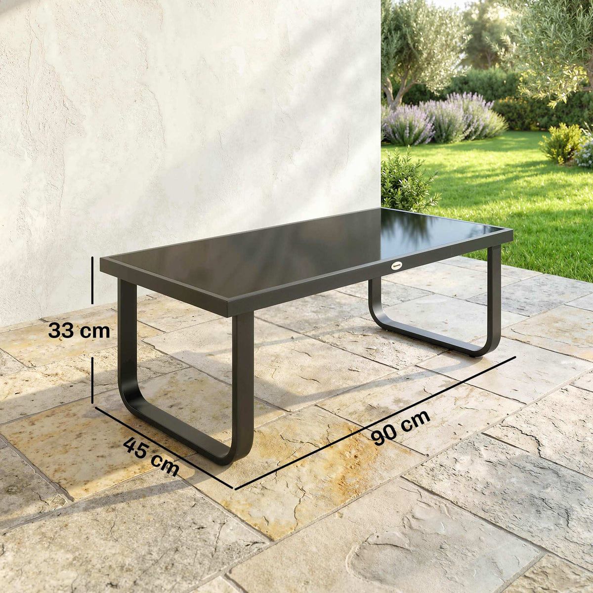 Outdoor Metal Coffee Table 90x45x33 cm with Tempered Glass Top, Black — product view 5