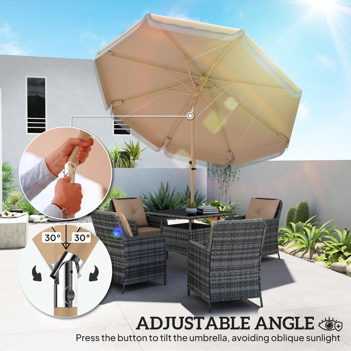9ft Fringed Patio Umbrella with Push Button Tilt and Crank, Khaki — product view 6