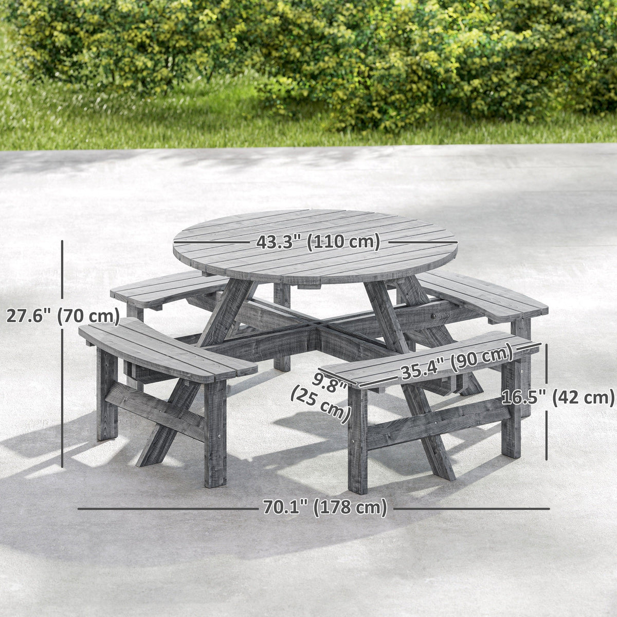 Wooden Patio Dining Set for 8 with Round Table and 4 Benches, Grey — product view 5