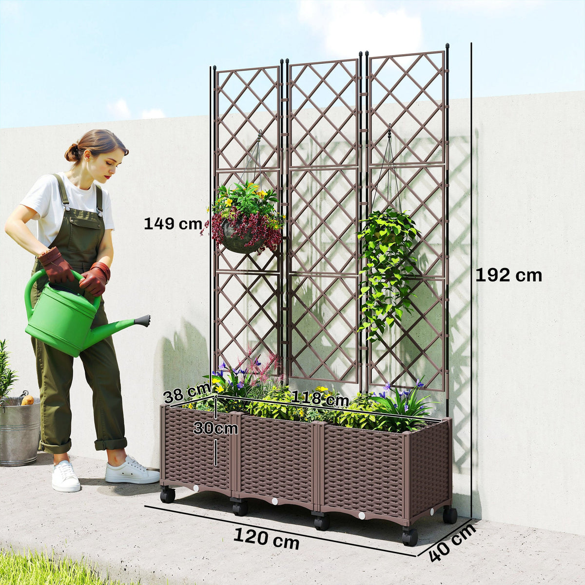 Self Watering Plastic Raised Planter with Trellis & Wheels — product view 5
