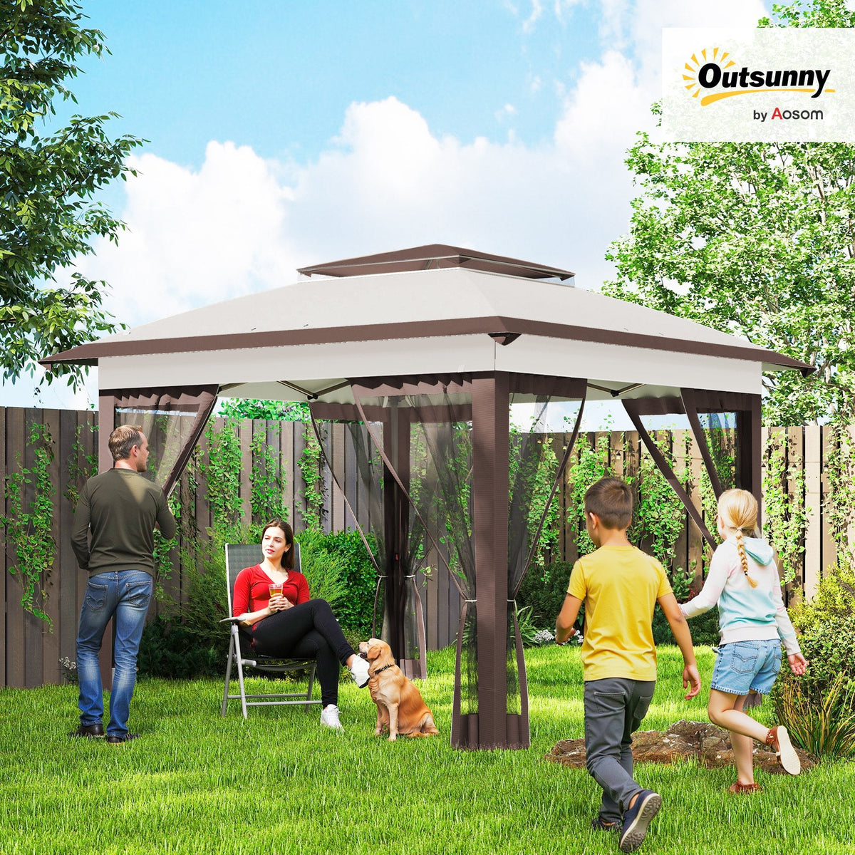 12' x 12' Pop-Up Canopy with Mesh Sidewalls, Adjustable Height, Beige Dark Brown — product view 3