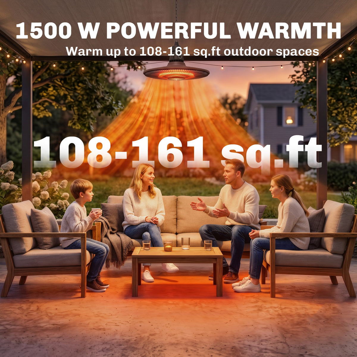 1500W IP65 Electric Patio Heater with Infrared Carbon Tube, LED & Remote, Brown — product view 7