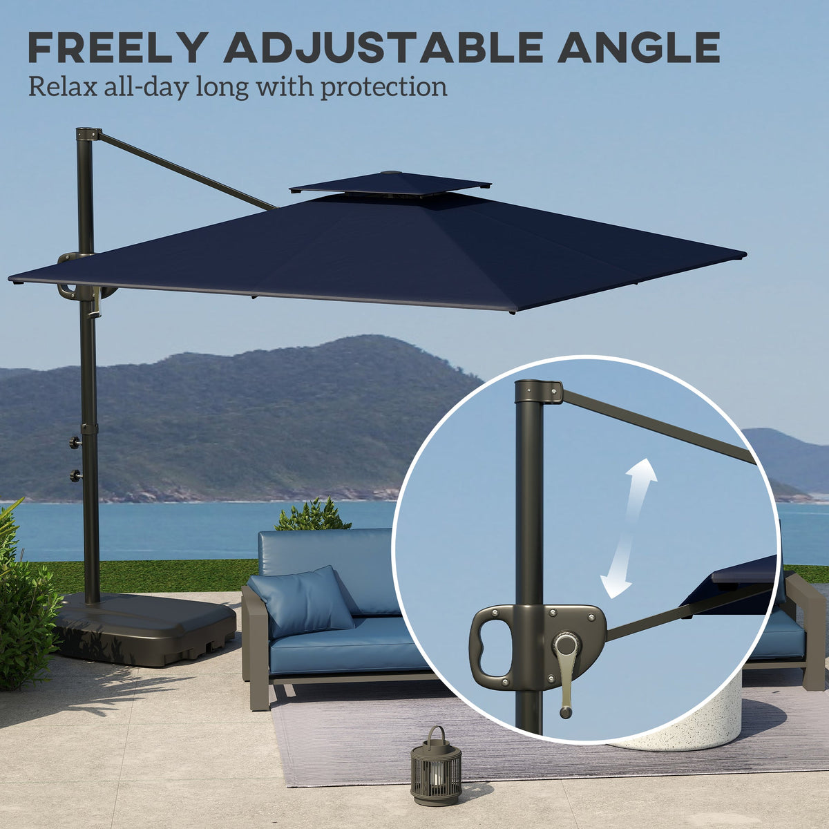 8' x 9' Square Cantilever Patio Umbrella with Fillable Base, Dark Blue — product view 6