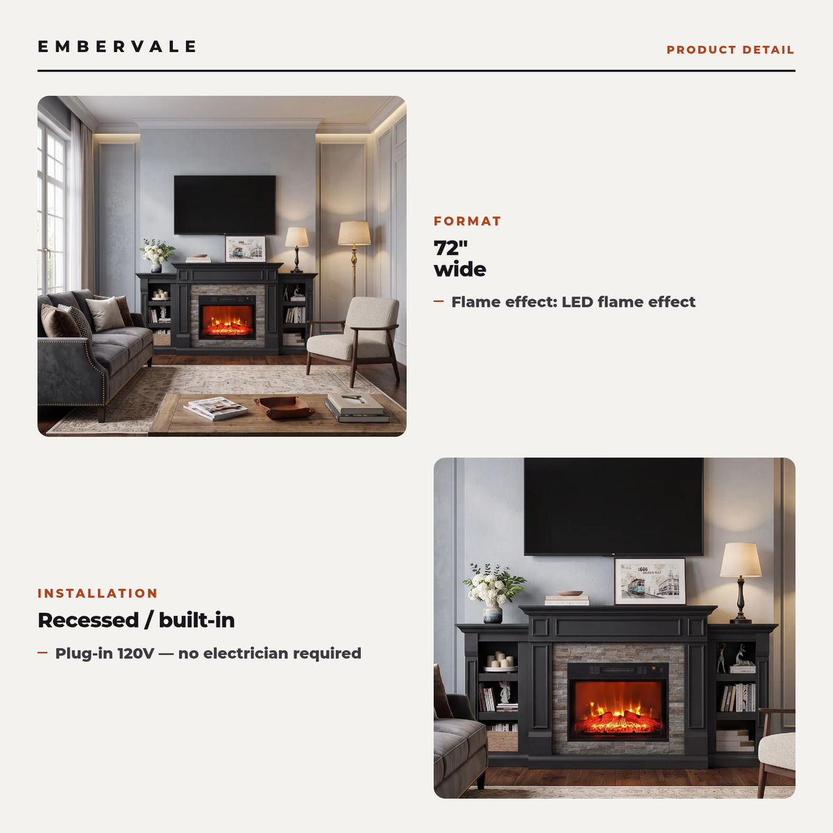 72 Inch Electric Fireplace TV Stand with Mantel & 23 Inch Realistic Flame Insert, Entertainment Center for Living Room — product view 3