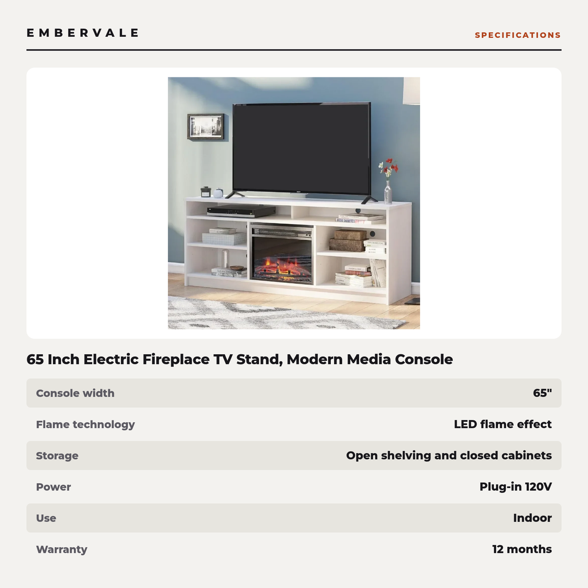 65 Inch Electric Fireplace TV Stand, Modern Media Console Entertainment Center, Storage Cabinets for Living Rooms — product view 3