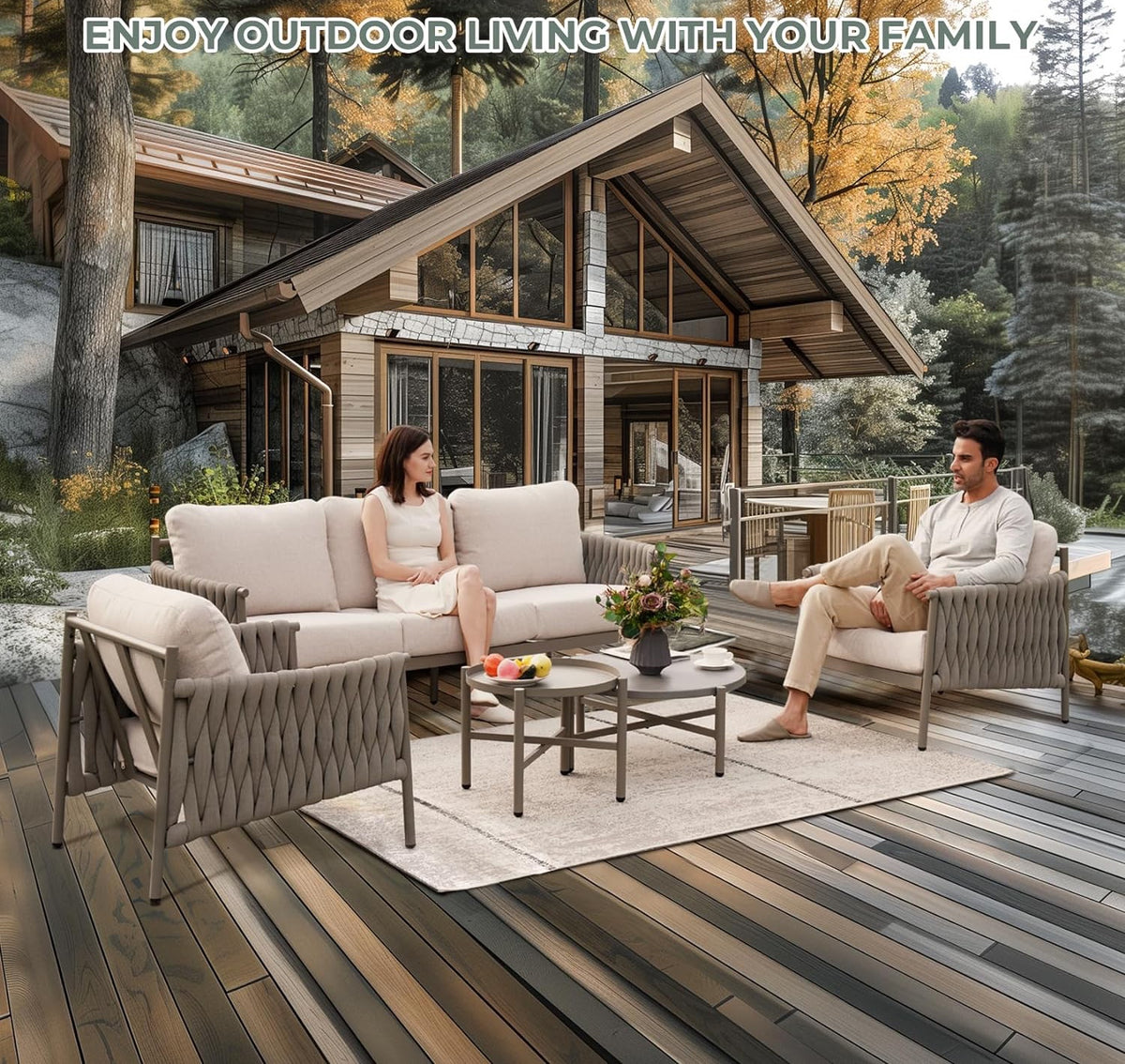 Lounge Yard 5-Seat Conversation Sofa Set, Thick Cotton Rope Outdoor Patio Furniture with Cushions — product view 4