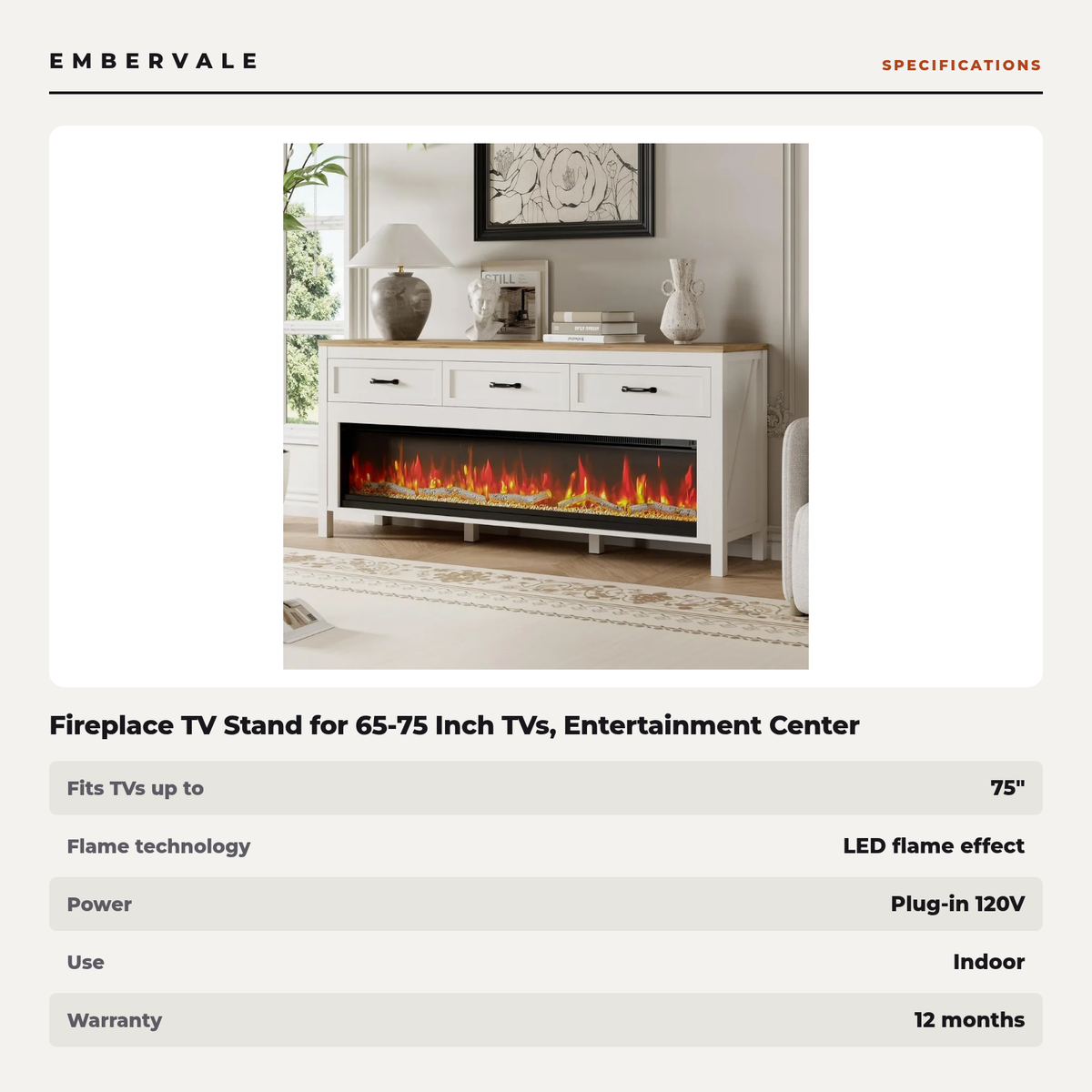 Fireplace TV Stand for 65-75 Inch TVs, Entertainment Center with Electric Fireplace for Living Room — product view 3
