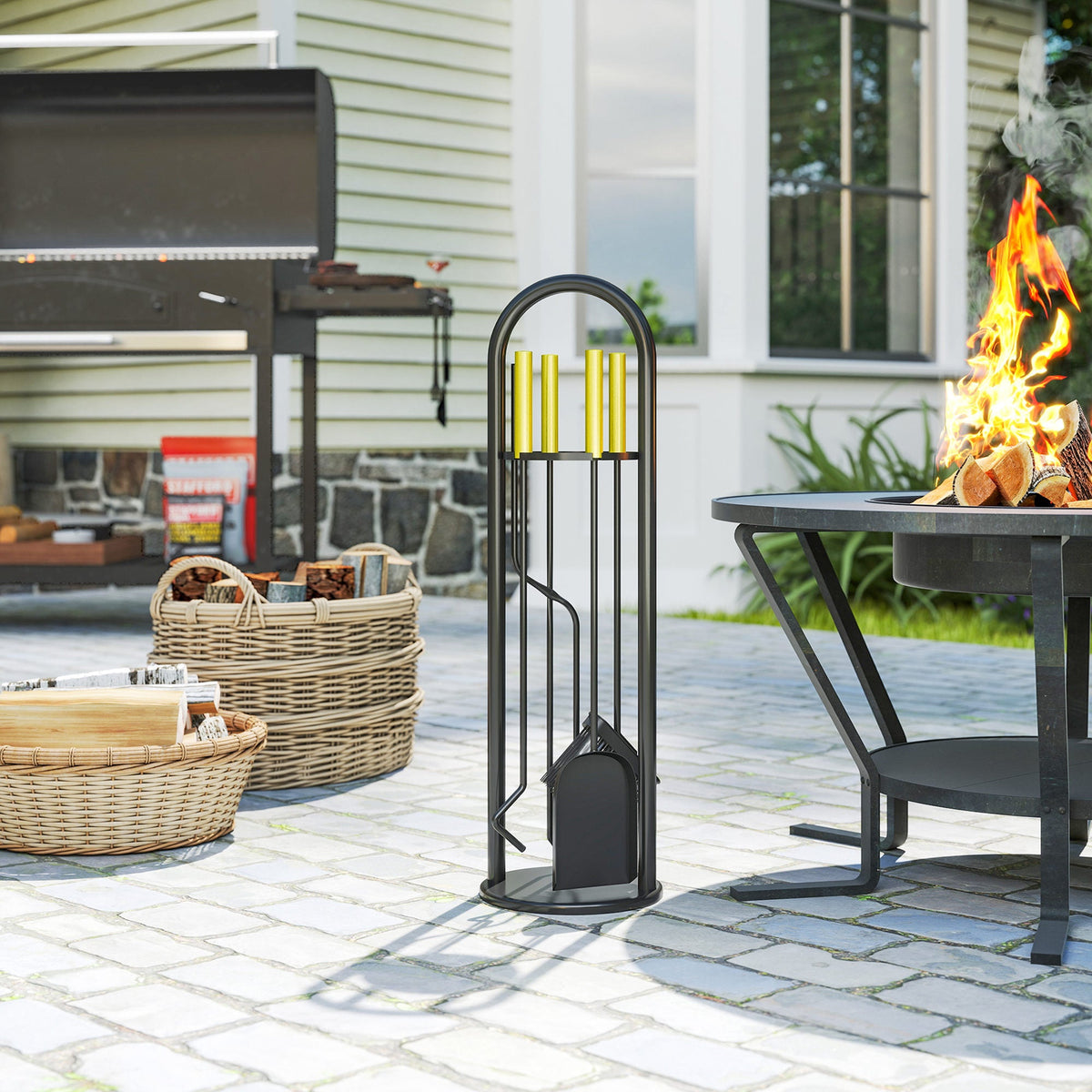 5-Piece Metal Fireplace Tool Set with Brush, Shovel, Poker, Tongs & Stand, Gold Finish — product view 3