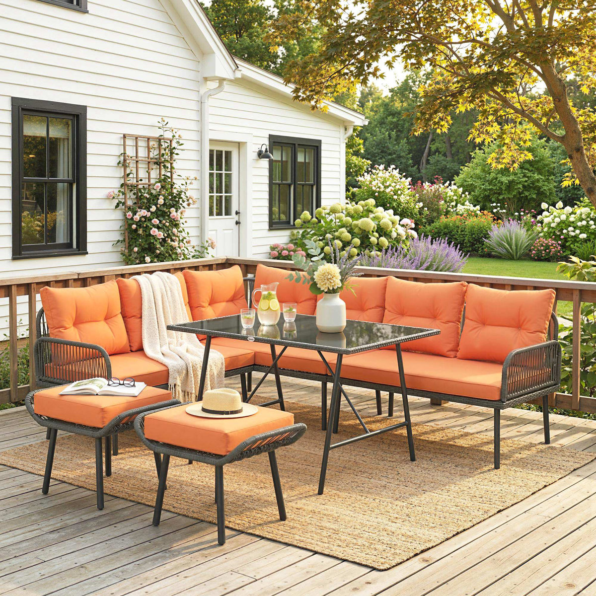 6-Piece 8-Seater Orange Rattan Corner Sofa Set with Cushions & Glass Table — product view 3