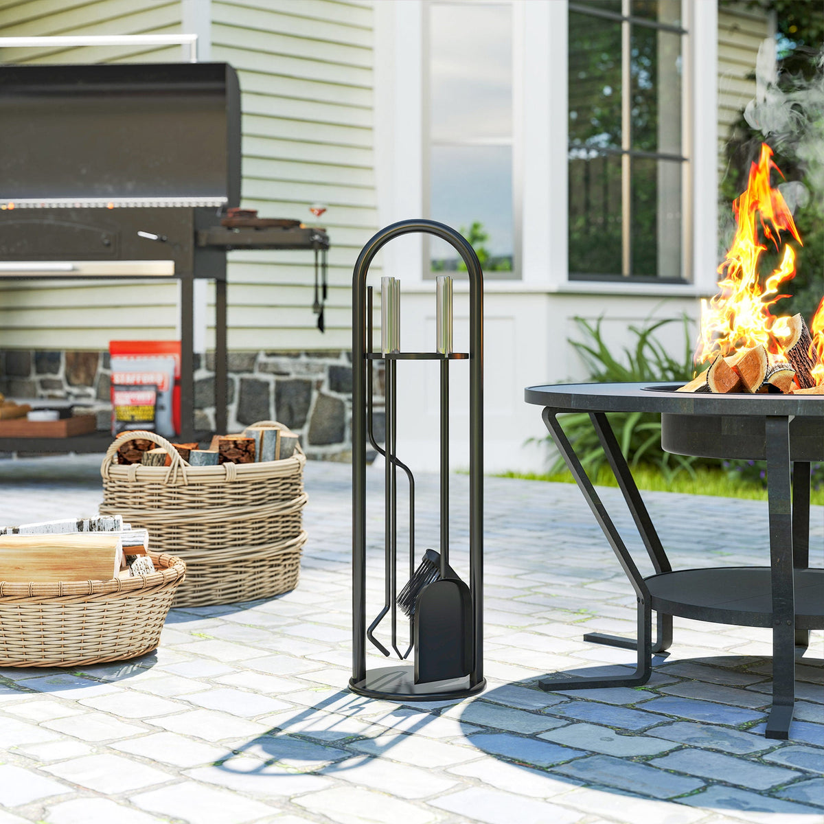 5-Piece Fireplace Tool Set with Brush, Shovel, Poker, Tongs & Stand, Silver Metal — product view 3