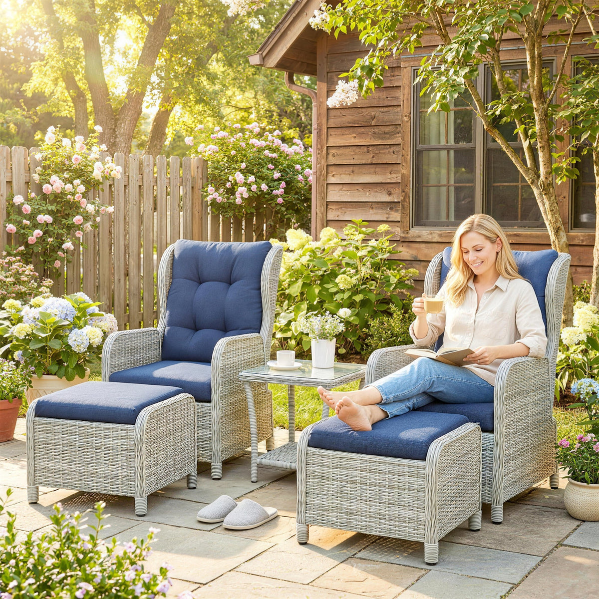 5 Piece Rattan Reclining Chair Set with Footstool and Glass Table, Dark Blue — product view 4
