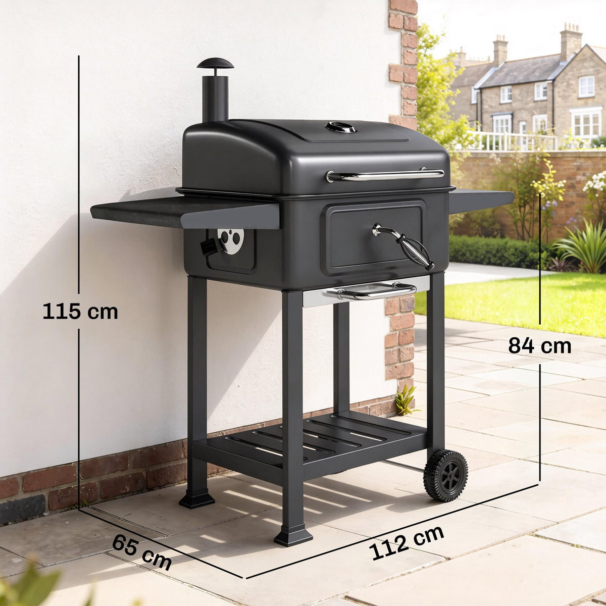 Charcoal BBQ Grill with Adjustable Pan, Side Tables and Chimney, Black — product view 5