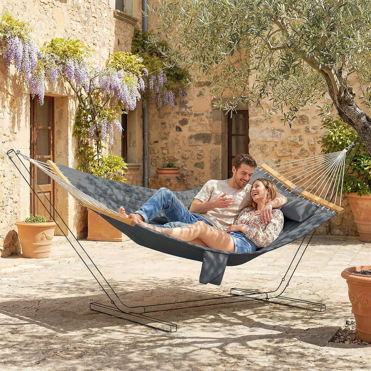 128" x 55" 2-Person Hammock with Pillow, 440 lbs Capacity, Gray — product view 3