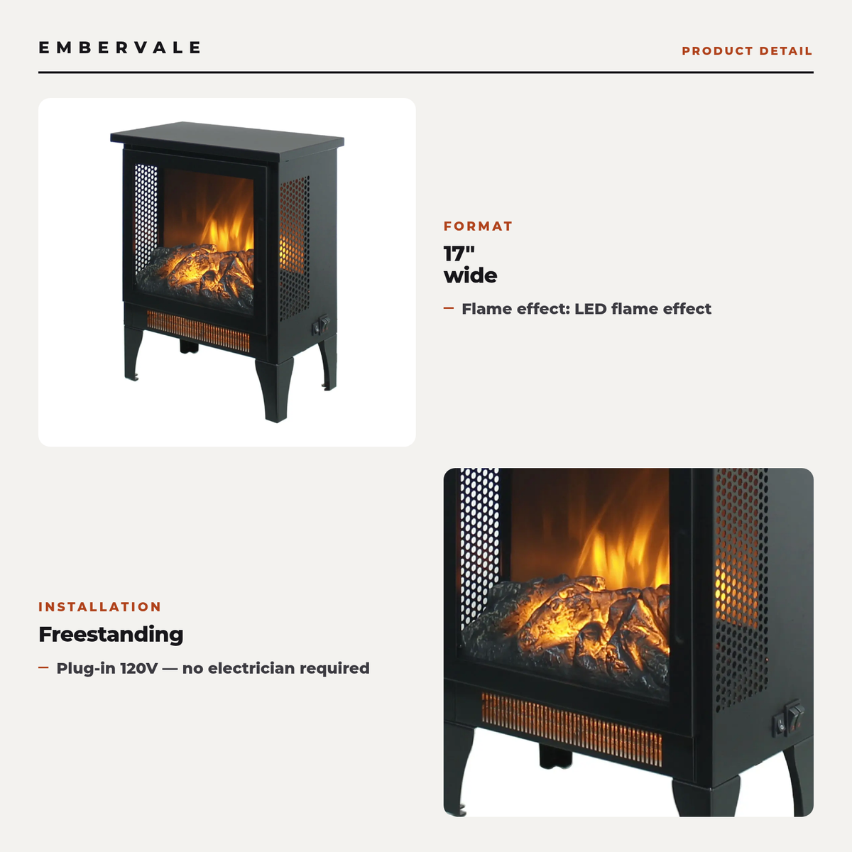 17 Inch Freestanding Electric Fireplace Stove with Realistic 3D Flame, Compact Portable Stove Heater — product view 2