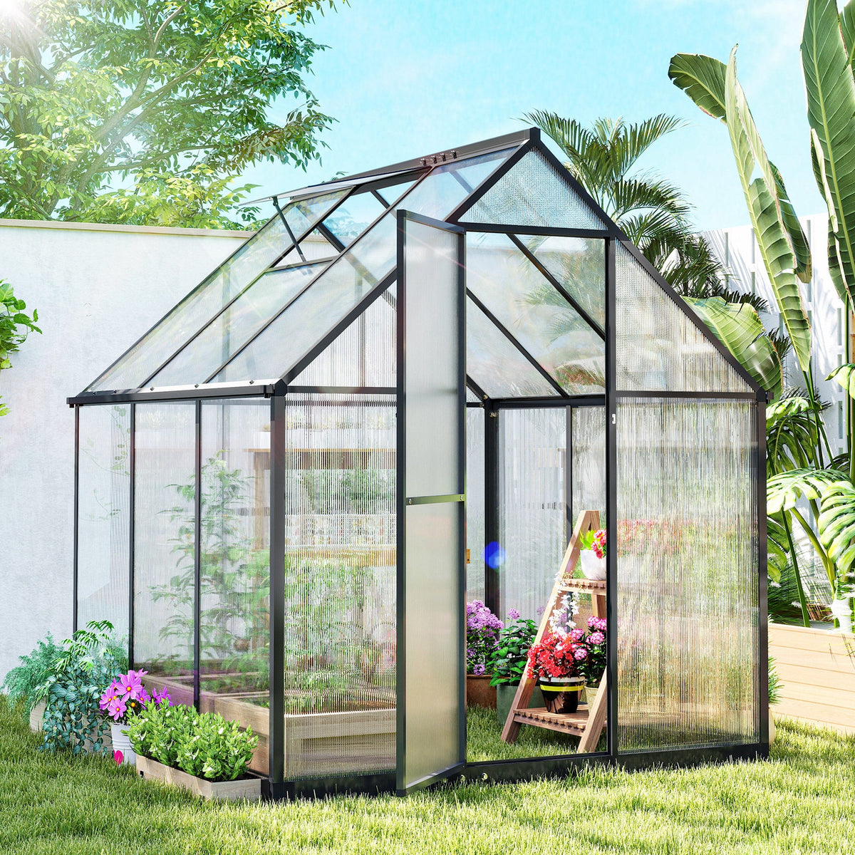 6 x 6.5ft Polycarbonate Greenhouse with Swing Door & Window, Black — product view 3