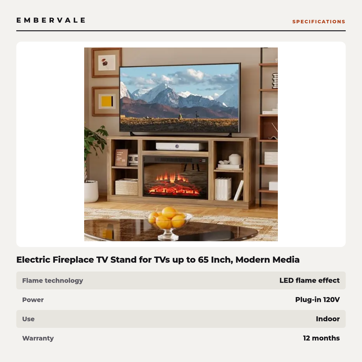 Electric Fireplace TV Stand for TVs up to 65 Inch, Modern Media Console Entertainment Center for Living Rooms and Apartments — product view 3