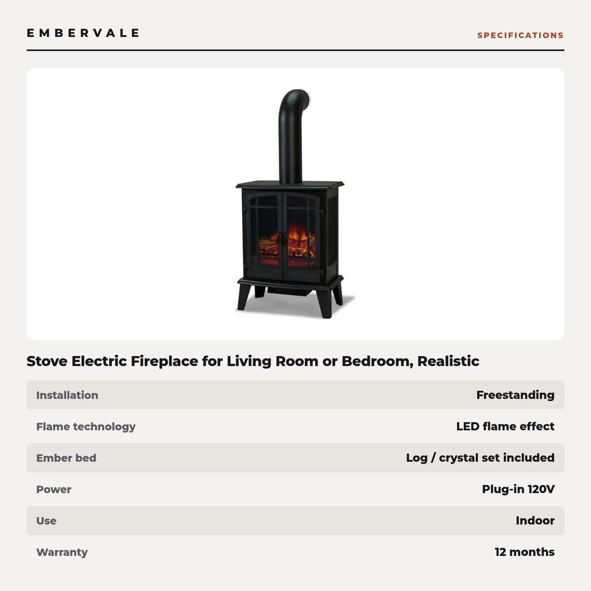 Stove Electric Fireplace for Living Room or Bedroom, Realistic Log and Flame Effect, Freestanding Fireplace with Adju — product view 3