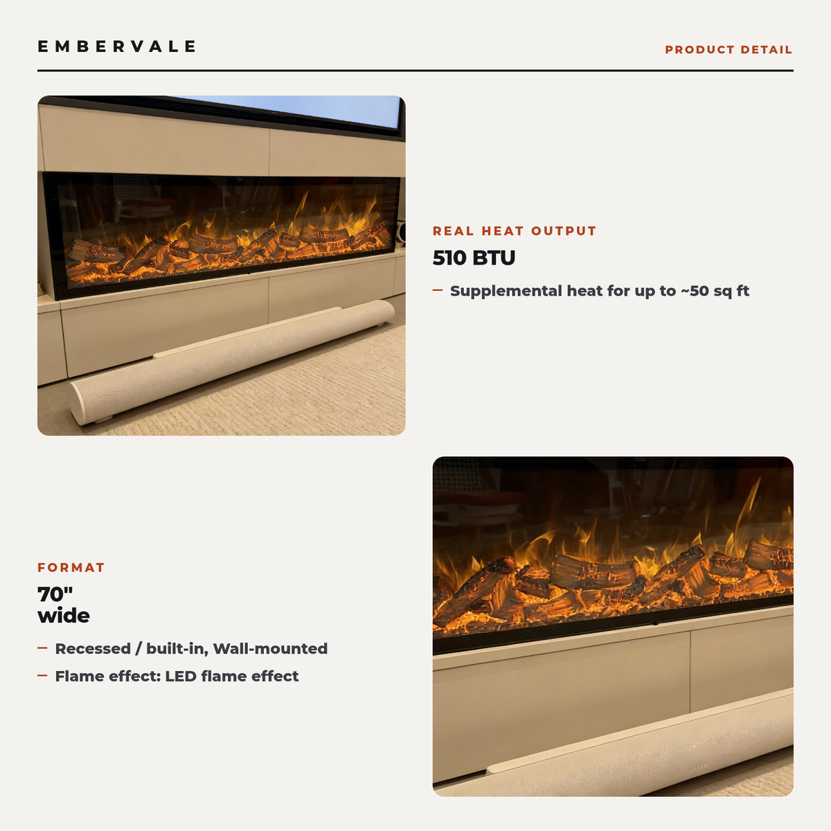 Smart 39-70" Ultra-Thin Recessed Electric Fireplace – Wall-Mounted, 150W, Realistic Flame Home Decor — product view 2