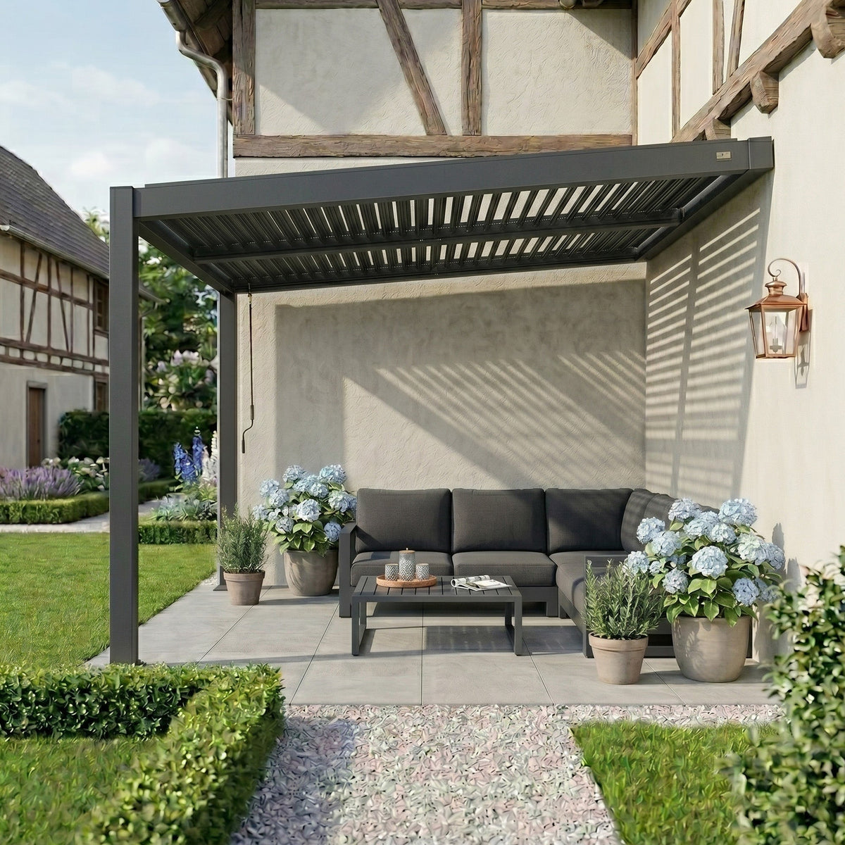PURPLE LEAF Caesar Wall Mounted Louvered Pergola, All-Aluminum Patio Cover with Adjustable Roof, Hidden Gutter Drainage, Lean-to Pergola for Deck, Backyard, Porch, Dark Gray — product view 3