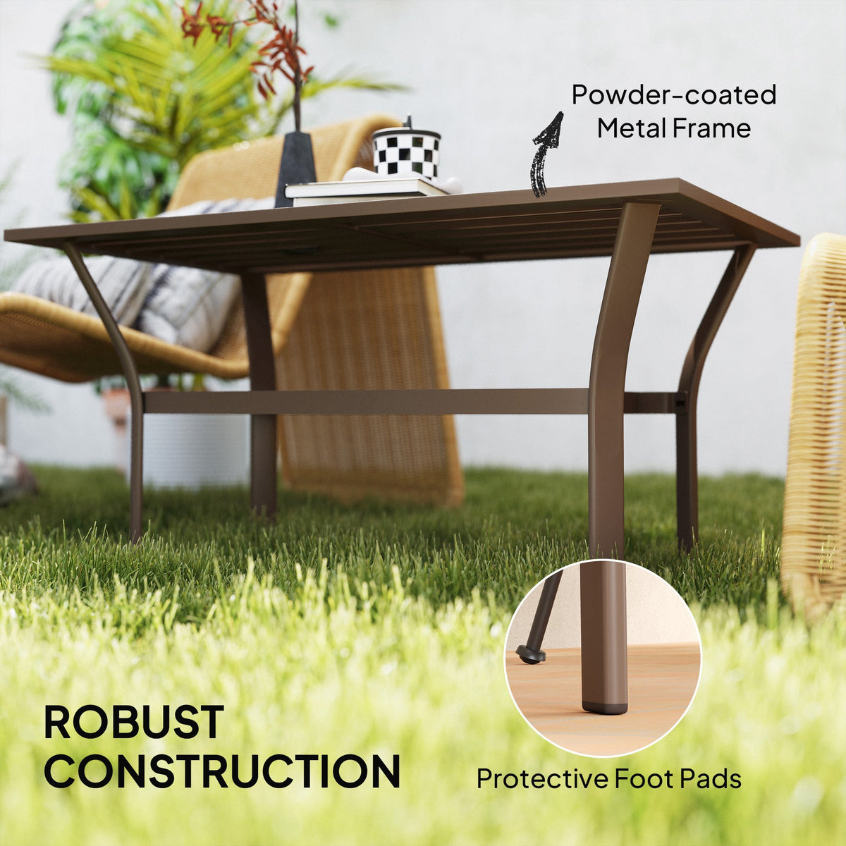 Outdoor Metal Coffee Table with Slatted Top, Brown — product view 7